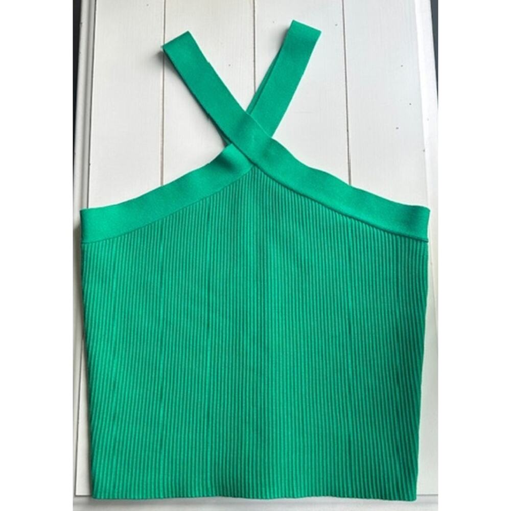 House Of Harlow 1960 Green Crop Ribbed Sculpt Knit Criss Cross Top Large - Picture 2 of 8